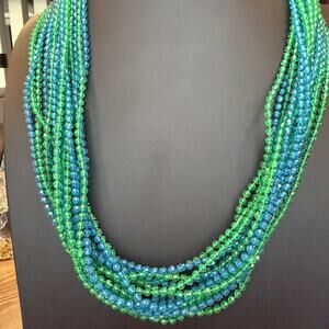 Vintage Blue & Green Multi Strand Plastic Beaded Necklace Long Length 48” Retro